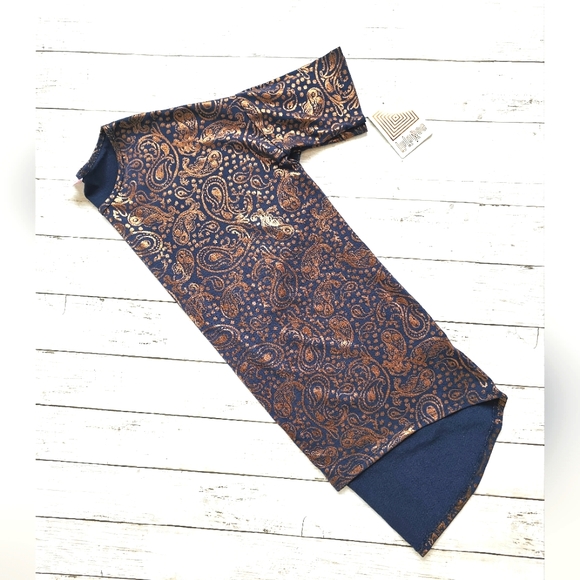 NEW Elegant Lularoe Navy Blue & Gold Shimmer Shiny Irma Paisley Print Stretchy - Picture 3 of 8